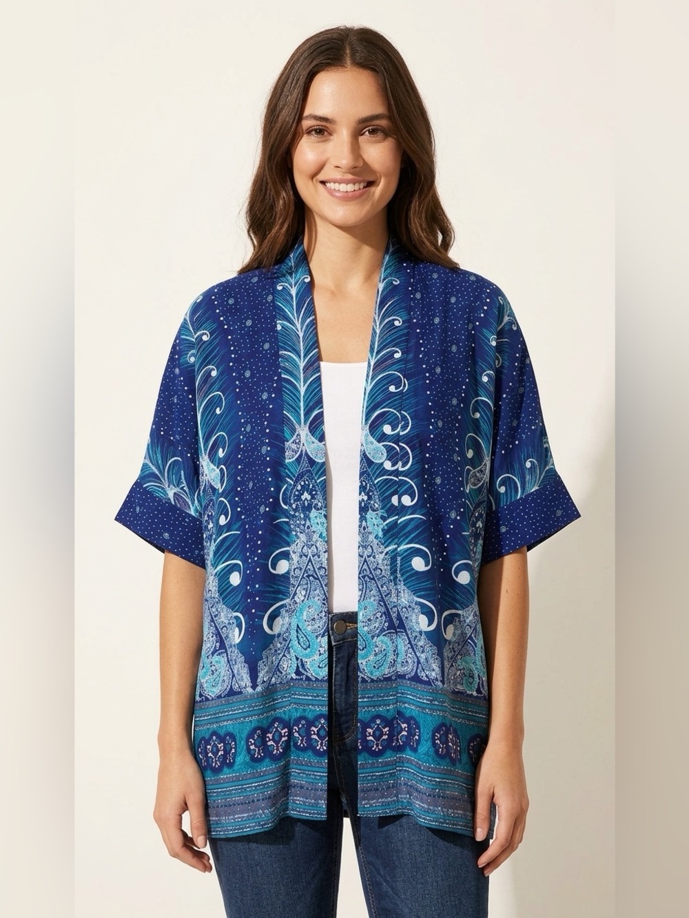 Blue Printed Swim Cover-Up Kimono